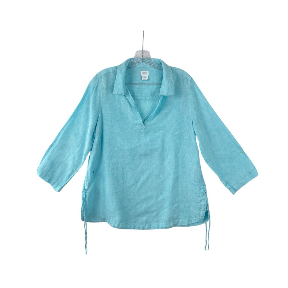 SIGRID OLSEN Blue Beachy Coastal 100% Linen Swim Cover Up Tunic Blouse Size MED